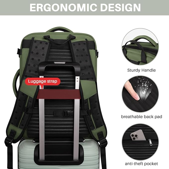 Travel Backpack Carry On Flight Approved, Lightweight Large Travel Backpack, Expandable with USB Charging Hole, Waterproof Causal Bookbag for Travel Work College Fits 17 inch Laptop, Green