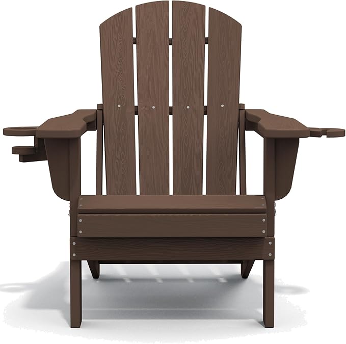 SERWALL Adirondack Chair with Cup Holders - Composite Adirondack Chairs Set of 4 HDPE Outdoor Chairs All Weather Use- Coffee