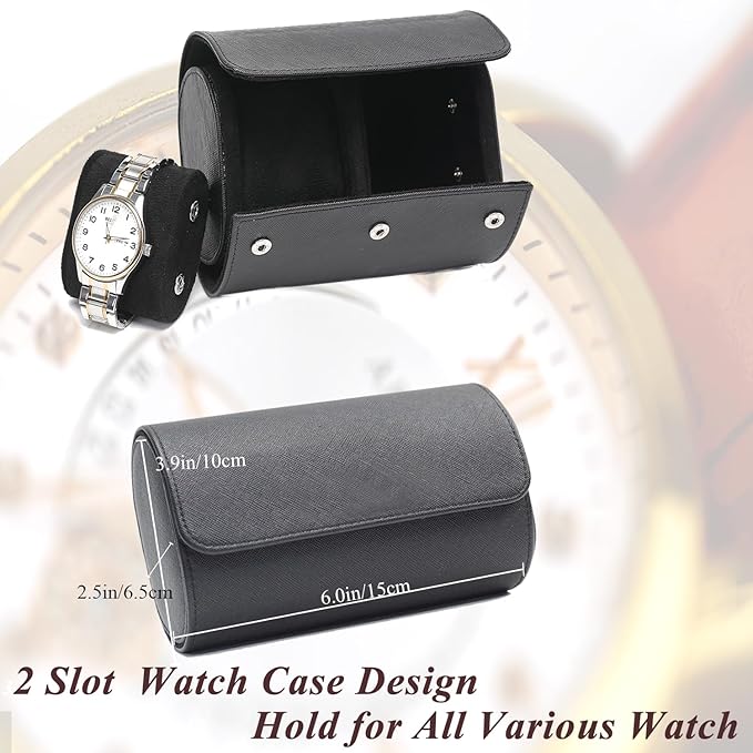 Watch Travel Case, Luxury Leather Watch Roll 2 Slot Organizer Box, Jewelry Storage Case Gifts for Man and Woman Christmas Anniversary Birthday (Black-2slot)