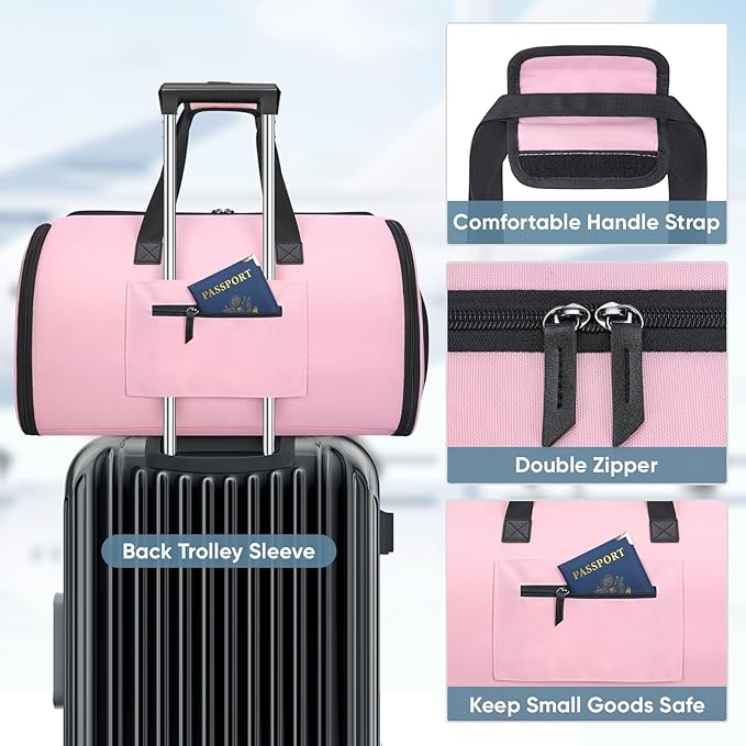 BALEINE Convertible Garment Bag with Shoe Compartment, 2 in 1 Carry on Garment Duffle Bags for Travel, Suit Bag for Men Women (Pink)