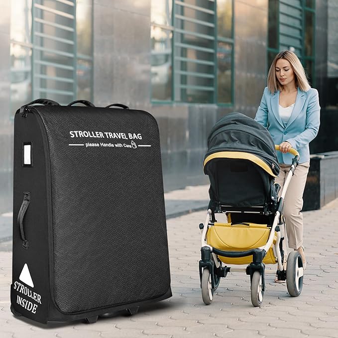 RAYMACE Padded Stroller Travel Bag for Airplane with Wheels Fits to UPPAbaby Vista V2 V3, Cruz V2 V3,Travel Safe Protection Storage Bag, Patterned Design, Black