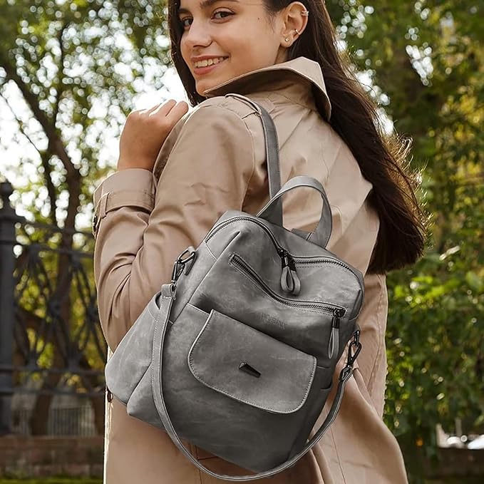 PU Leather Backpack Purse for Women Fashion Multipurpose Design Handbag Ladies Shoulder Bags Travel Backpack Grey