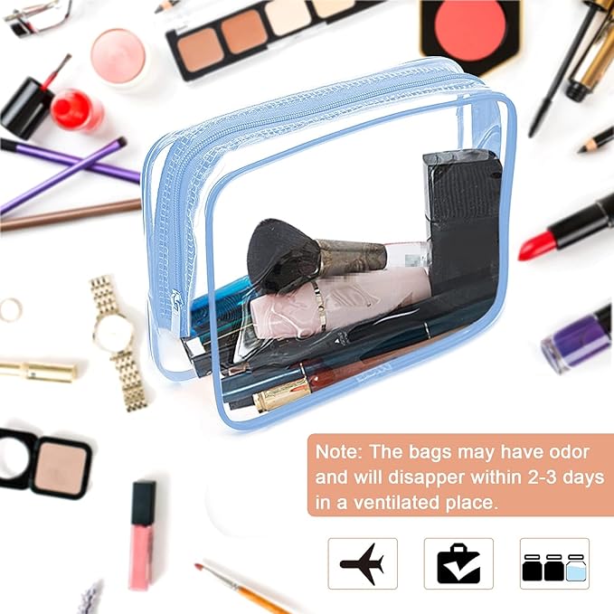 APREUTY Clear Makeup Bags, TSA Approved 6 Pcs Cosmetic Makeup Bags Set Clear PVC with Zipper Handle Portable Travel Luggage Pouch Airport Airline Vacation Organization (Haze Blue)