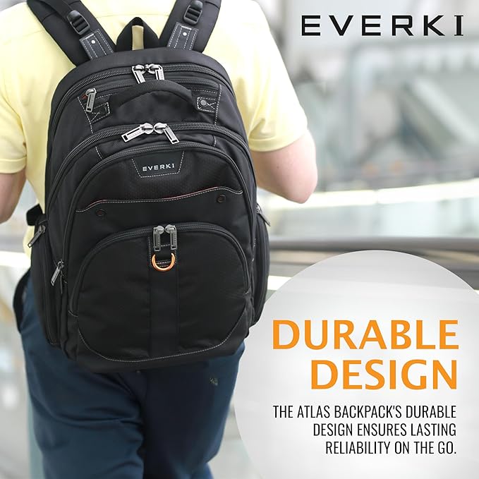 EVERKI 32L Atlas Business Laptop Backpack – Adjustable Compartment for Work, Travel-Friendly Business & Office Backpack for Men & Women, College, Durable Computer Bag, Fits 13"-17.3", Black