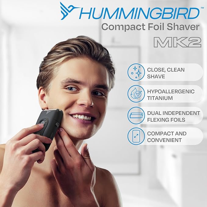HUMMINGBIRD MK2 Compact Foil Shaver – No Nick, No Cut, No Razor Burn Face Shaver for Men, Portable USB C Rechargeable, Dual Foil Flex Head Electric Razor, LED Display, Travel Head & Facial Groomer