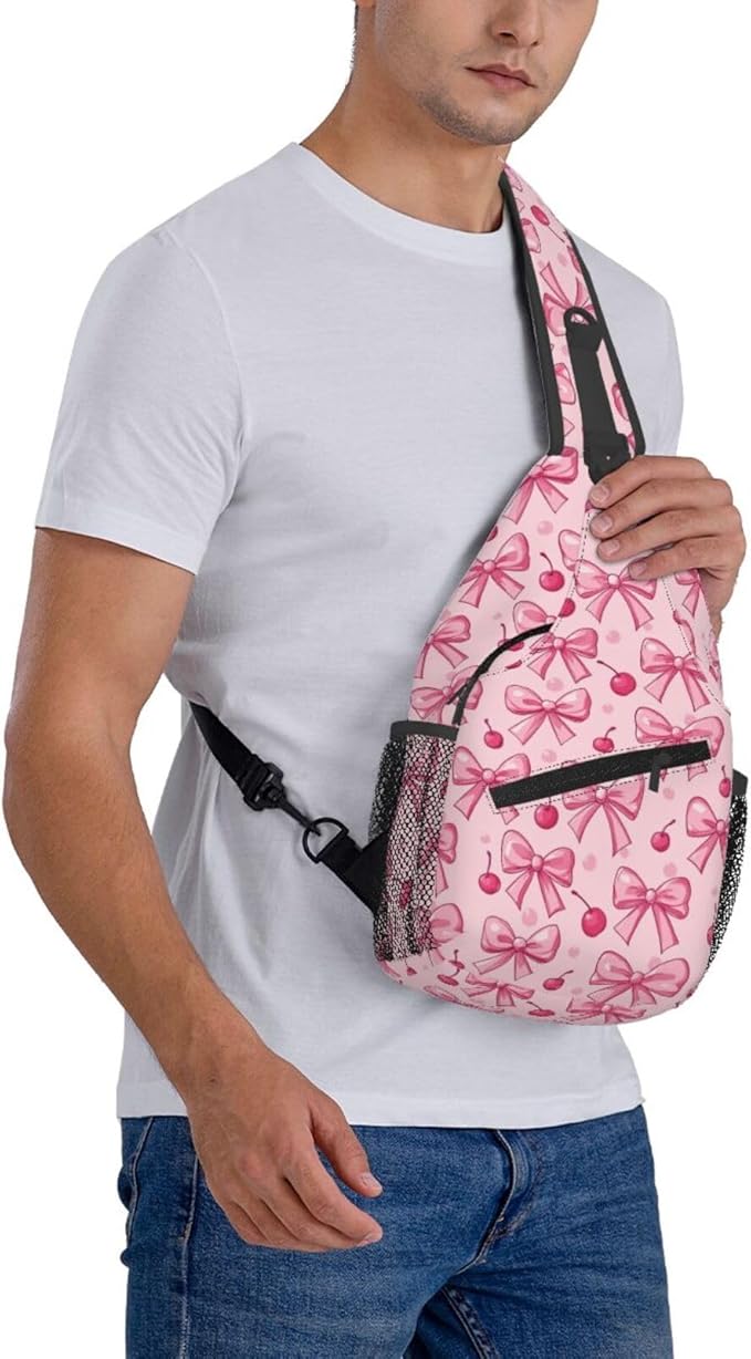 SUPLUCHOM Sling Bag Pink Bows Cherry Hiking Daypack Crossbody Shoulder Backpack Travel Chest Pack for Men Women