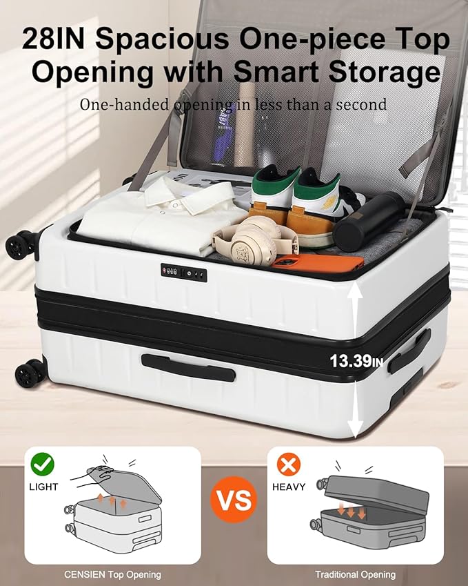Expandable Checked Luggage, 28 Inch Luggage with Spinner Wheels, Lightweight ABS+PC Hard Shell Large Suitcase with Top Opening, TSA Lock (White, 1PC)