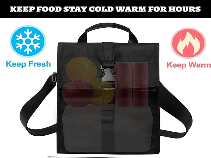 Insulated Foldable Lunch Bag- Lightweight Portable with Adjustable Shoulder Strap Lunch Box for Men, Women, Office, Work, Picnic, Hiking and Beach (Black(Soft Fabric))