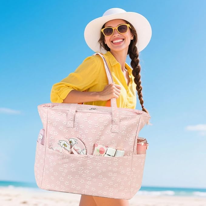 LEDAOU Large Beach Tote Bag Women Waterproof Sandproof Zipper Beach Tote Bag for Pool Gym Grocery Travel with Wet Pocket