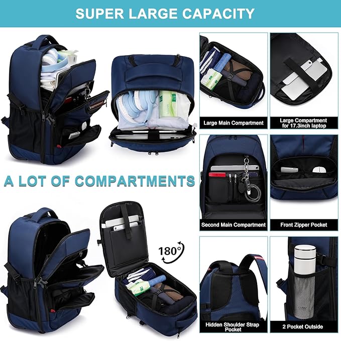 Rolling Backpack for Adults, 17inch Laptop Travel Backpack with Wheels Waterproof Roller Backpacks for Women Men Student Large College Business Suitcase Carry on Luggage Bag Wheeled Bookbag, Blue