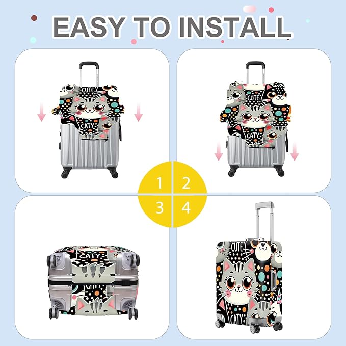 ANNA QUEEN Cute Cat Luggage Cover, Kawaii Cartoon Kitty Suitcase Protector with Colorful Polka Dot Design, Stretchable, Washable Travel Cover for 32-34 Inch Luggage
