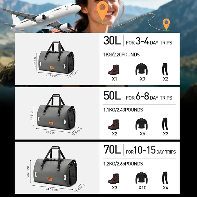 Waterproof Duffel Bag, 70L Roll-top Motorcycle Dry Bag with Air Valve & Quick-fixed Straps, Travel Duffle Bags for Kayaking Paddle Boarding Rafting Boating Camping Riding Fishing - Grey