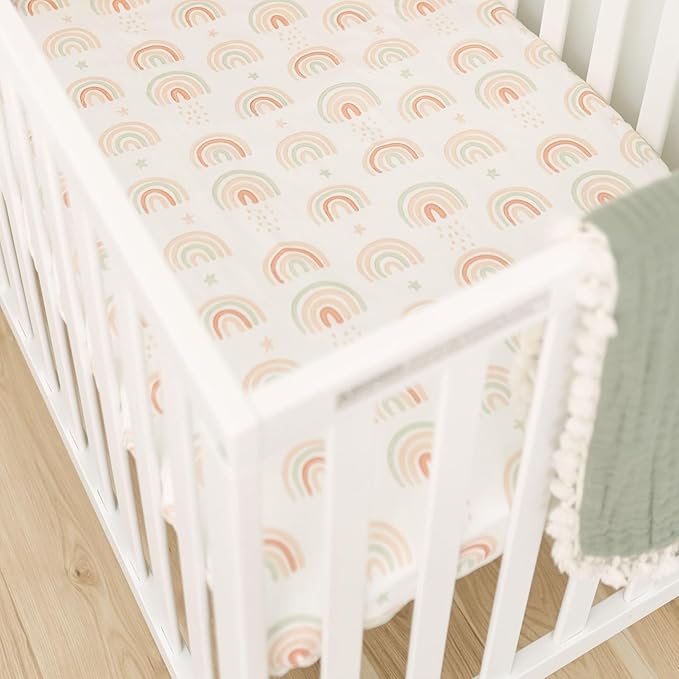 Crane Baby 100% Cotton Breathable Fitted Baby and Toddler Sheet for Standard Mattress (28 X 52), Machine Washable Crib Boho Rainbow Boho Rainbow