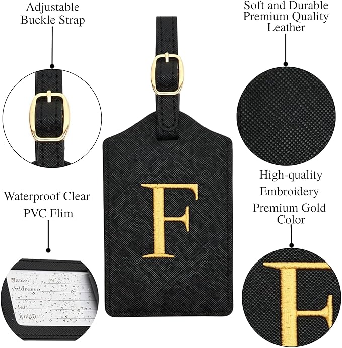 Luggage Tag PU Leather for Suitcase Baggage Handbag Travel Bag Label Suitcase Tag Label Tag w. Name Card & Privacy Cover (F)