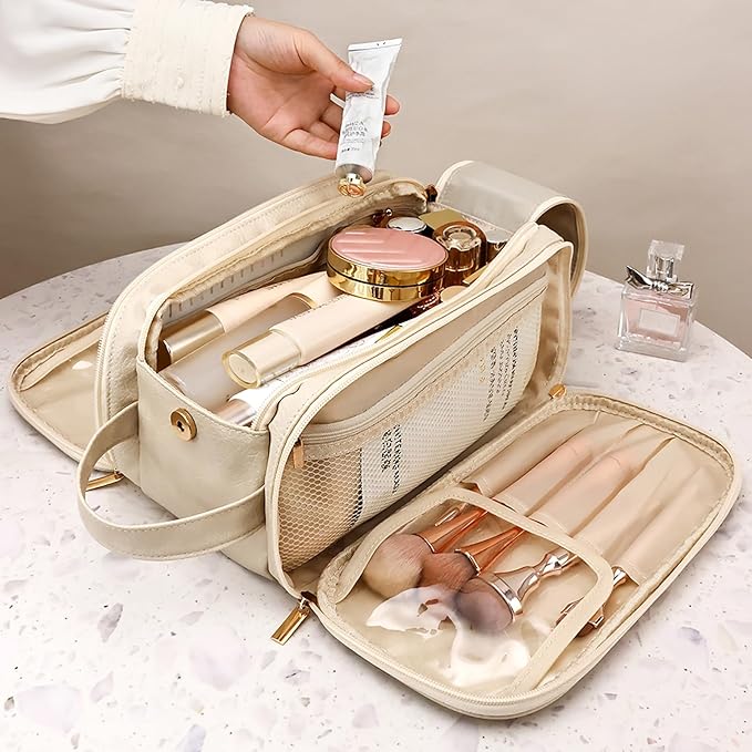 Travel Toiletry Bag for Women PU Triple-layer Double Zipper Toiletry Bags,Toiletries bag Women Waterproof with Handle Stowable Brushes, Toiletries Makeup for Business Trips Camping Bathroom Beige