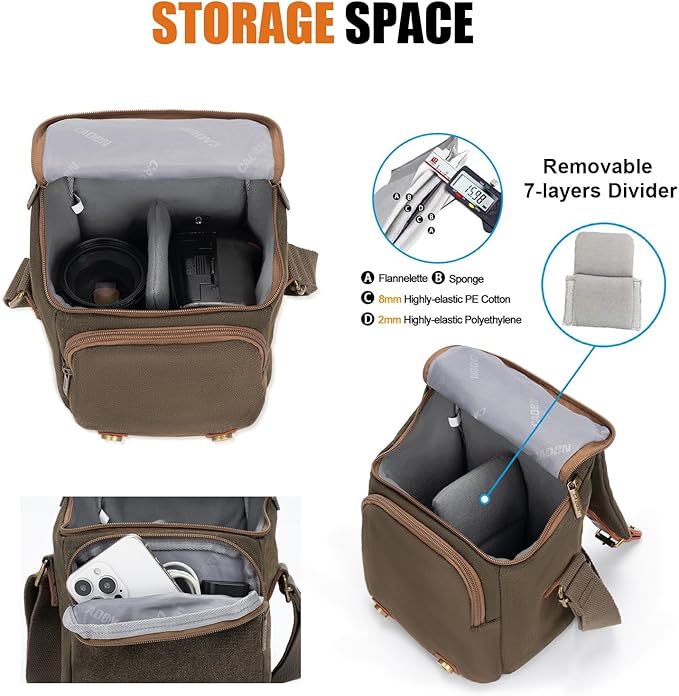 CADeN Compact Camera Bag Case Canvas Leather Trim Compatible for Nikon, Canon, Sony Mirrorless Camera and Lenses Waterproof, Camera Shoulder Messenger Bag (Small 1.0 Brown)