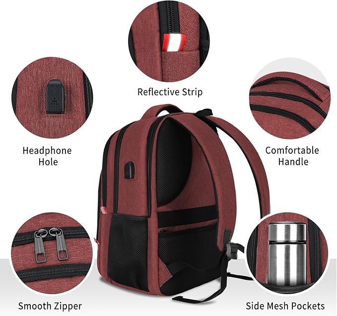 Backpack for Women Men, Travel School Backpacks for Teen Boys, Bookbag with USB Charging Port, Anti Theft College Backpack Fits 15.6 Inch Laptop, Casual Work Business Back Pack, Red