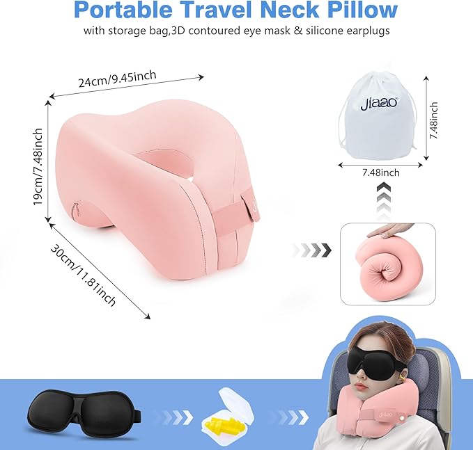 Neck Pillow Airplane, Ergonomic Memory Foam Travel Pillows for Long Flights, 3D Eye Masks, Ear Plugs and Portable Drawstring Bag, Napping Pillow for Home, Sleep Rest, Family and Travel Use