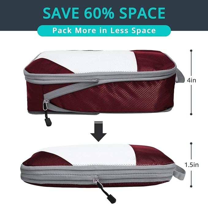 7 Set Compression Packing Cubes for Travel - Compressible, Lightweight, and Space-Saving Packing Cubes, Travel Essentials for Women, Wine