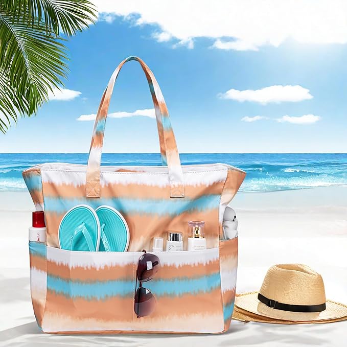 LEDAOU Beach Bag Waterproof Sandproof Women Tote Bag Pool Bag with Zipper for Gym Grocery Travel with Wet Pocket