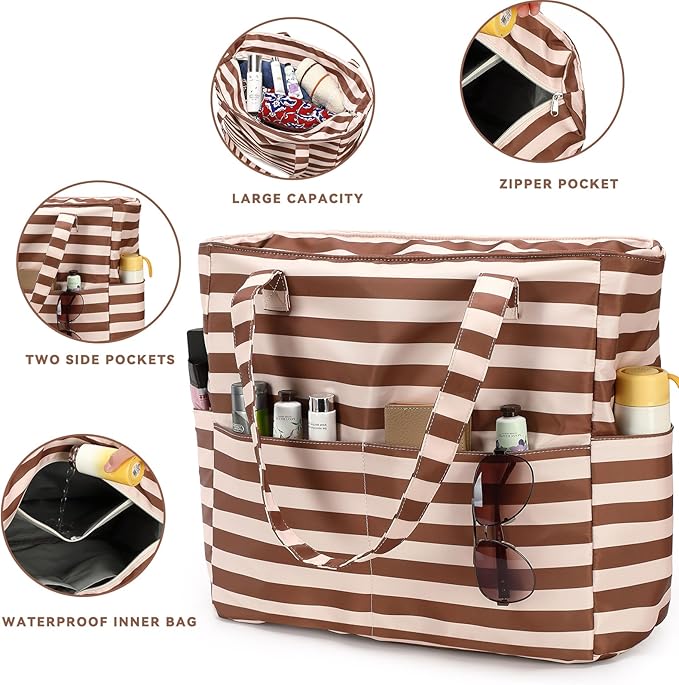 LEDAOU Beach Bag Waterproof Sandproof Women Tote Bag Pool Bag with Zipper for Gym Grocery Travel with Wet Pocket