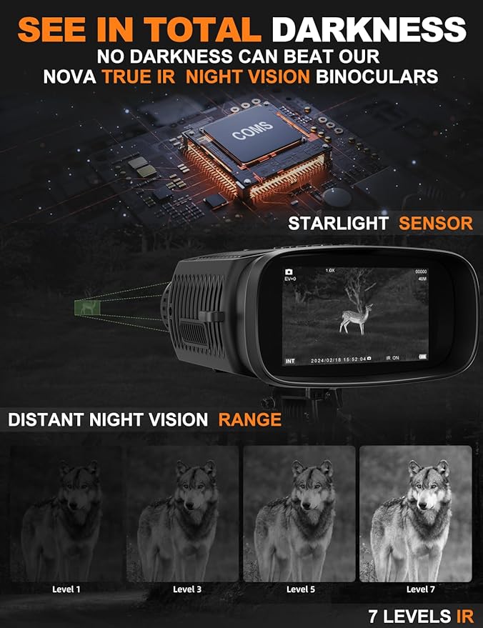 Night Vision Goggles - NOVA 4K Night Vision Binoculars for Adults, 3“ HD Screen Binoculars with 7 Levels Infrared 32GB Card Included Perfect for Camping & Security, Black