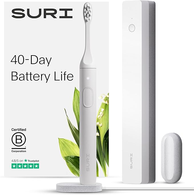 SURI Sonic Electric Toothbrush with UV Travel Case - 40-Day Battery- Designed in California - Electric Toothbrushes Adults - Slim Travel Tooth Brush