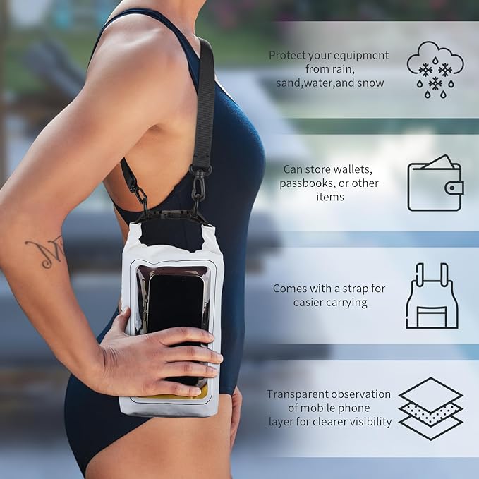 IP68 Waterproof Dry Bag, 2L - Roll Top Waterproof Pool Bag，Dry Bags for Kayaking Waterproof-w/Phone Pouch,Large Waterproof Phone Pouch,Boating & Kayak Accessories Camping (White)