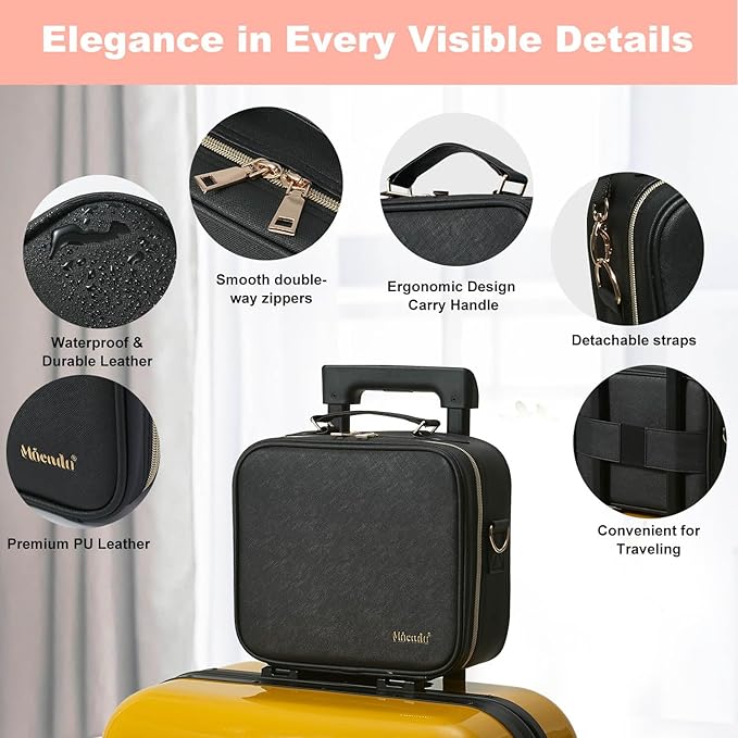 Mocado Travel Makeup Bag with LED Lighted Mirror,Travel Makeup Organizer,Makeup Case with 8 Makeup Brushes and 10x Magnifying Mirror,3 Colors Lighting, Adjustable Dividers Makeup Box(Black)