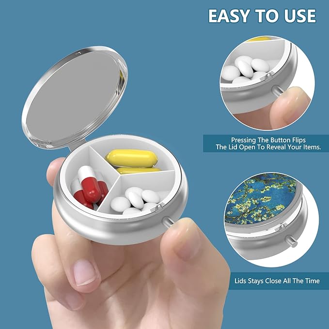 Pill Box 3 Compartment Medicine Pill Case,Portable for Pocket or Purse Pill Box Decorative Metal Medicine Vitamin Organizer Unique Gift(Floral Flower)