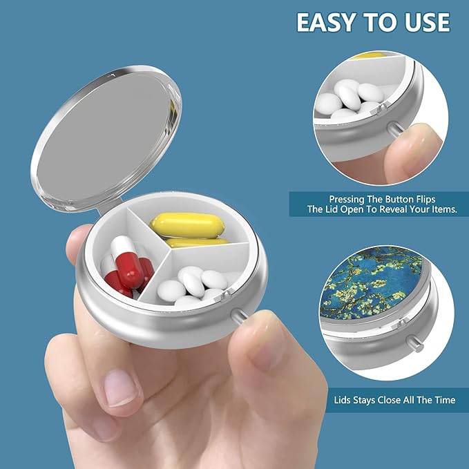 Pill Box 3 Compartment Small Pill Case,Portable for Pocket or Purse Pill Organizer Pill Container Holder to Hold Vitamins, Medication, Fish Oil and Supplements(Almond Blossom)