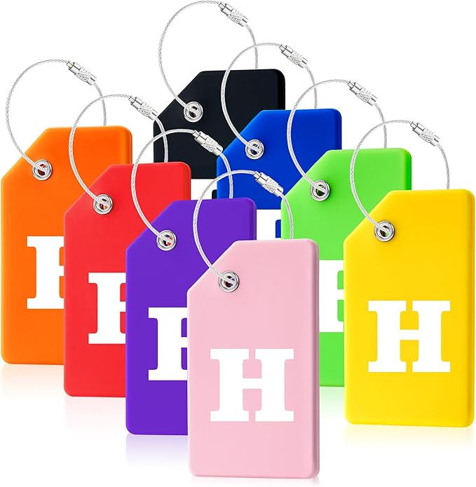 8 Pcs Luggage Tags for Suitcases, 26 Initial Letter Travel Luggage Baggage Identification Labels ID Tags Fully Bendable Tags with Stainless Steel Loop (Letter H, Colorful)