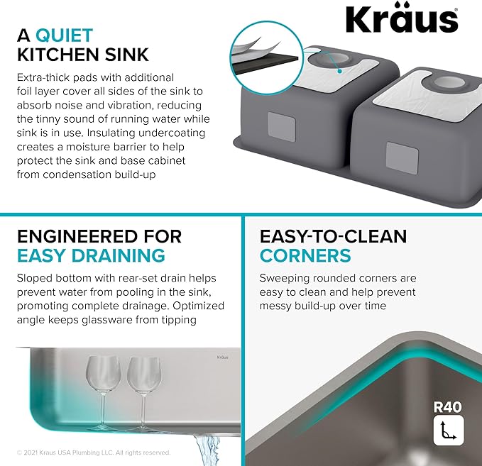 KRAUS Dex 33-inch Undermount 16 Gauge Stainless Steel Double Bowl Kitchen Sink, KA1UD33B