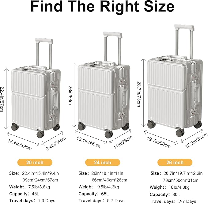 Hard Shell Luggage 24 Inch Travel Luggage, Carry-On Luggage Spinner TSA with Lid, PC+ABS Aluminum Frame，Lightweight Travel Luggage 20'' 24'' 26''Carry-On (upgraded white, 24 inch)