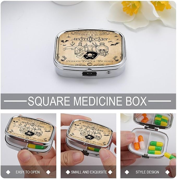 Metal 2 Compartment Pill Organizer Travel Friendly Portable Compact Pill Box Cute Pill Case to Hold Vitamins,Fish Oil,Supplements,Meds,Tablet for Purse,Pocket. (Bottles and Skeletons)