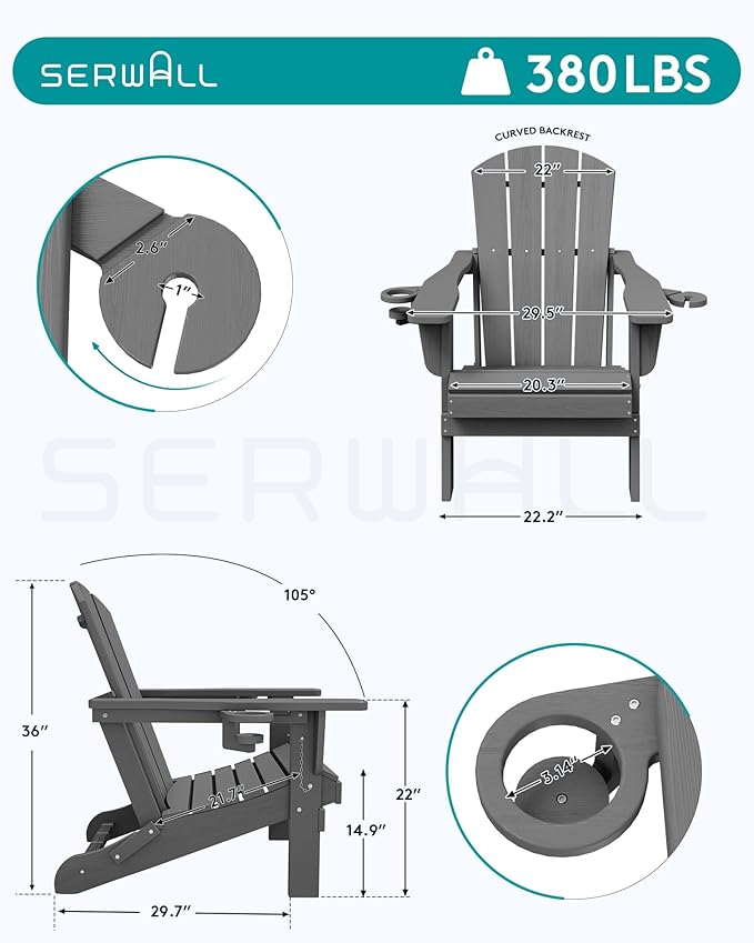 SERWALL Folding Adirondack Chair, Dual Cup Holders & All-Weather HDPE, Wood-Like Patio Chair for Backyard, Camping，Pool & Fire Pit- Grey