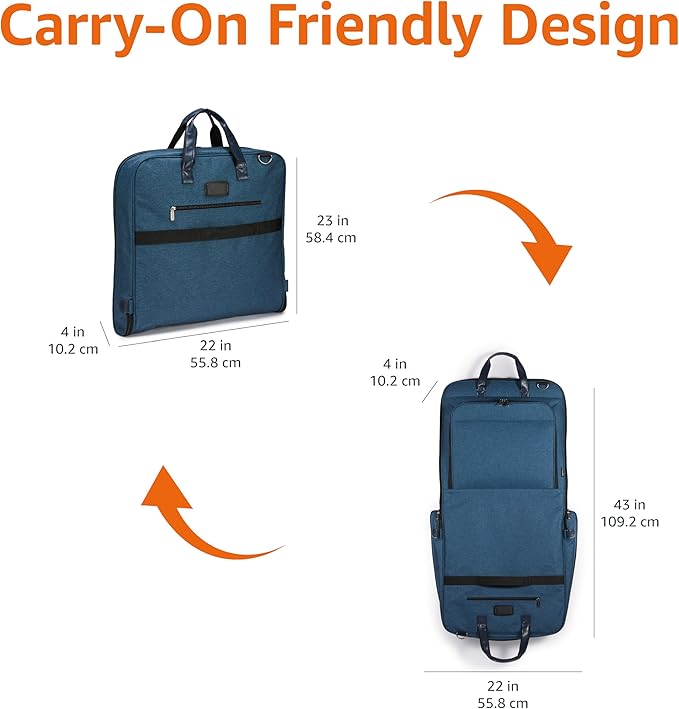 Amazon Basics Carry-On Garment Bag for Travel and Business Trips with Shoulder Strap, Hanging Suit Luggage Bag for Men Women, Wrinkle Free Cover for Suits Dresses Coats, Navy