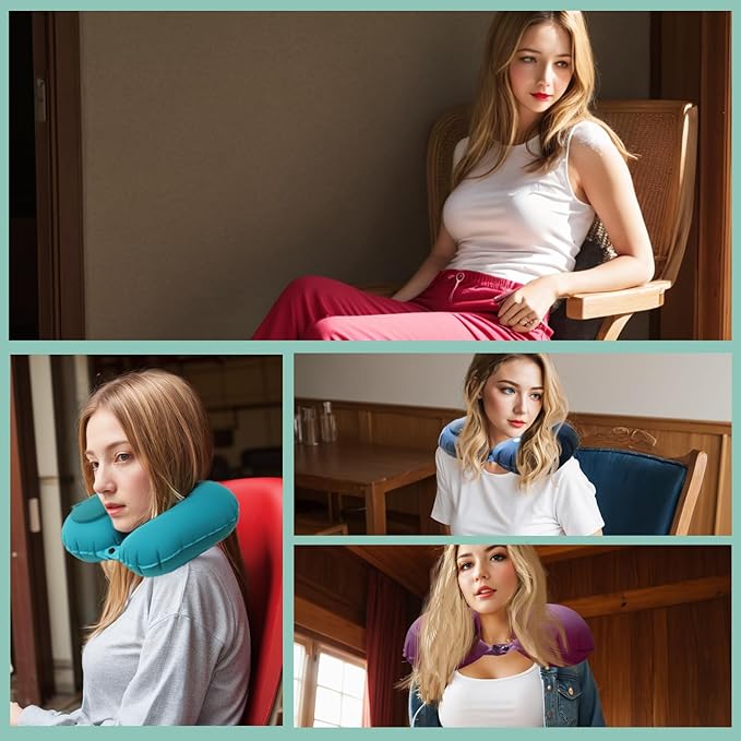 Inflatable Travel Pillow for Sleeping Airplane - Inflatable Neck Pillow for Traveling on Plane, Press to Inflate,Portable Travel Neck Pillow with Carry Bag （Drak Blue）