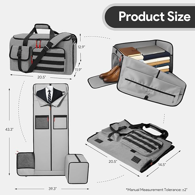 Garment Duffle Bags for Travel, HOMQUIET Convertible Garment Duffel Bag, All YKK Zippers Carry On Garment Bags, 2 in 1 Hanging Waterproof Suit Travel Bag with Shoe Compartment, for Men Women, Grey
