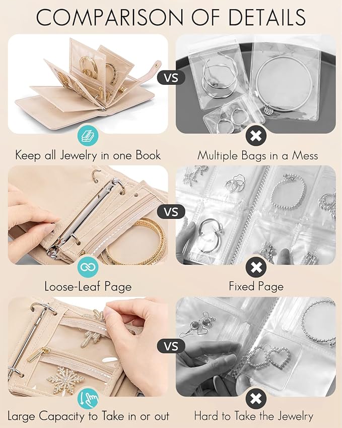 Vlando Travel Jewelry Organizer Case,Gifts for Women,Portable Jewelry Storage Book Ring Binder with Clear Zipper Velvet Pouch Bag for Traveling,Rings,Necklace,Earrings,Bracelets,Brooches-Sand Pink