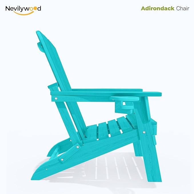 Folding Adirondack Chair - Extended Ergonomic Backrest, Cup Holder - Easy Assembly - Durable HDPE Plastic, Weather Resistant & Maintenance-Free - Lawn, Patio, Deck Supports 380lbs Aruba