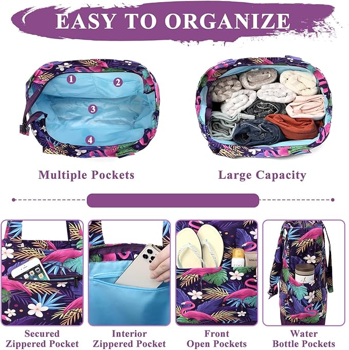 VASCHY Beach Bag for Women, Large Waterproof Sandproof Fold-able Packable Pool Tote Bag w Zipper/Pockets