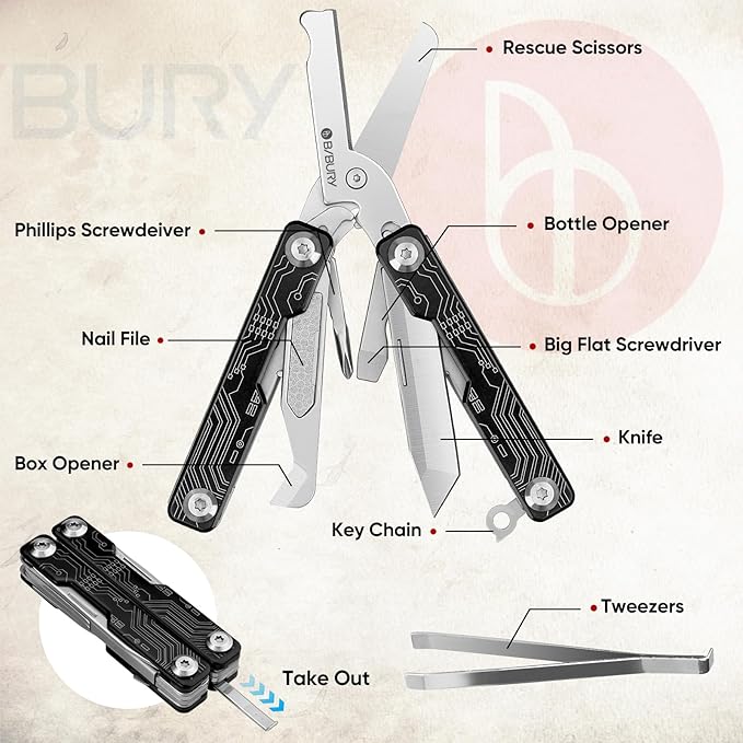 BIBURY Mini Keychain Multitool Scissors B12062B, 9 in 1 Multitool EDC Scissors with Screwdriver, Bottle Opener, Pocket Knife, Spring -Mini Multi Tool for Outdoor, Daily Use, Gifts for Men and Women