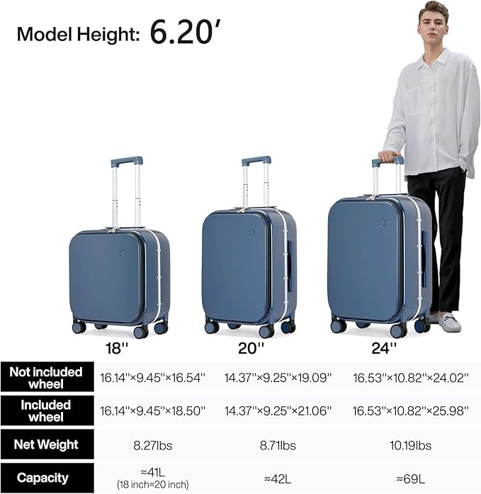 mixi Carry On Luggage, 18” Suitcase with Front Laptop Pocket, Travel Luggage Aluminum Frame PC Hardside with Spinner Wheels & TSA Lock and Cover (Not for Underseat), Sapphire Blue