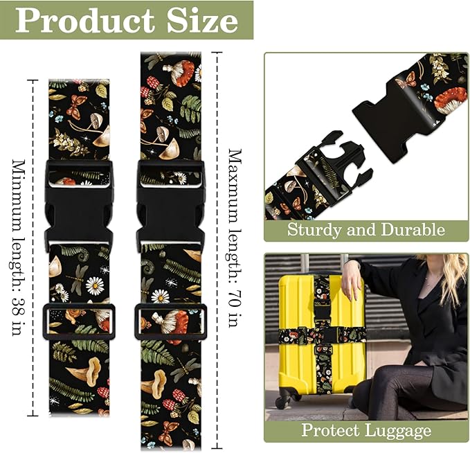 Mushroom Luggage Straps for Suitcases TSA Approved, Luggage Identifiers for Suitcase, Adjustable Suitcase Strap for Baggage Security with Cute Patten, Travel Necessary Accessories (2Pack)