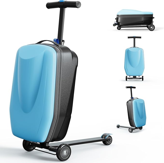 Scooter Hardshell Kids' Luggage, Foldable Carry on Kids Suitcase with Telescopic Handle for Travel, Multifunctional Ride On Lightweight Luggage with Wheels, Light Blue