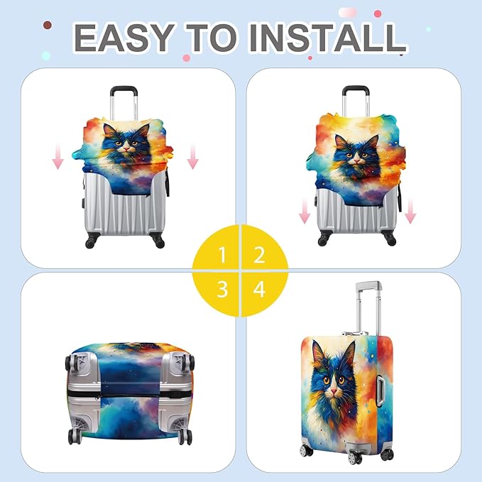 ANNA QUEEN Colorful Cat Luggage Cover, Artistic Blue Cat Design with Rainbow Colors, Stretchable, Washable Travel Sleeve for 32-34 Inch Suitcases