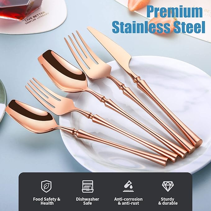 20-Piece Rose Gold Silverware Set for 4,Modern 18/10 Stainless Steel Flatware Set,Unique Rustic Cutlery Utensils Set,Spoon and Fork Set for Home, Restaurant,Mirror Polished,Dishwasher Safe