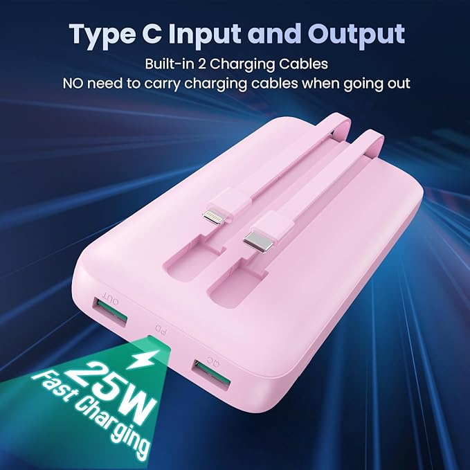Portable Charger 40,800mAh Power Bank, 25W PD QC 4.0 Fast Charging Portable Phone Charger with Built-in Cables,LCD Display USB C Battery Pack Compatible with iPhone 16/15/14,Android Samsung (Pink)
