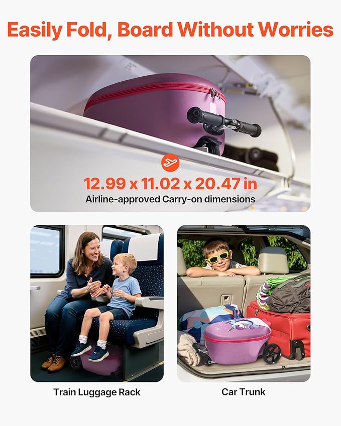 VEVOR Ride-on Luggage, 20 L Capacity, 20 Inches Kids Scooter Suitcase with Flash PU Wheels, Adjustable Handle & TPR Non-Slip Grip, Foldable & Lightweight Scooter Luggage for Kids Aged 5+, Purple